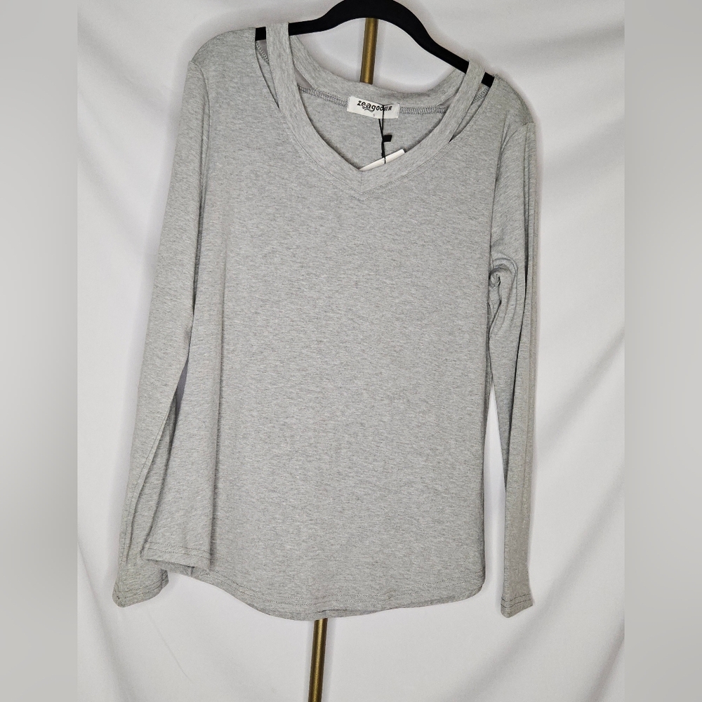 Zeagoo Heather Gray Cut-Out Shoulder Long Sleeve Tee S